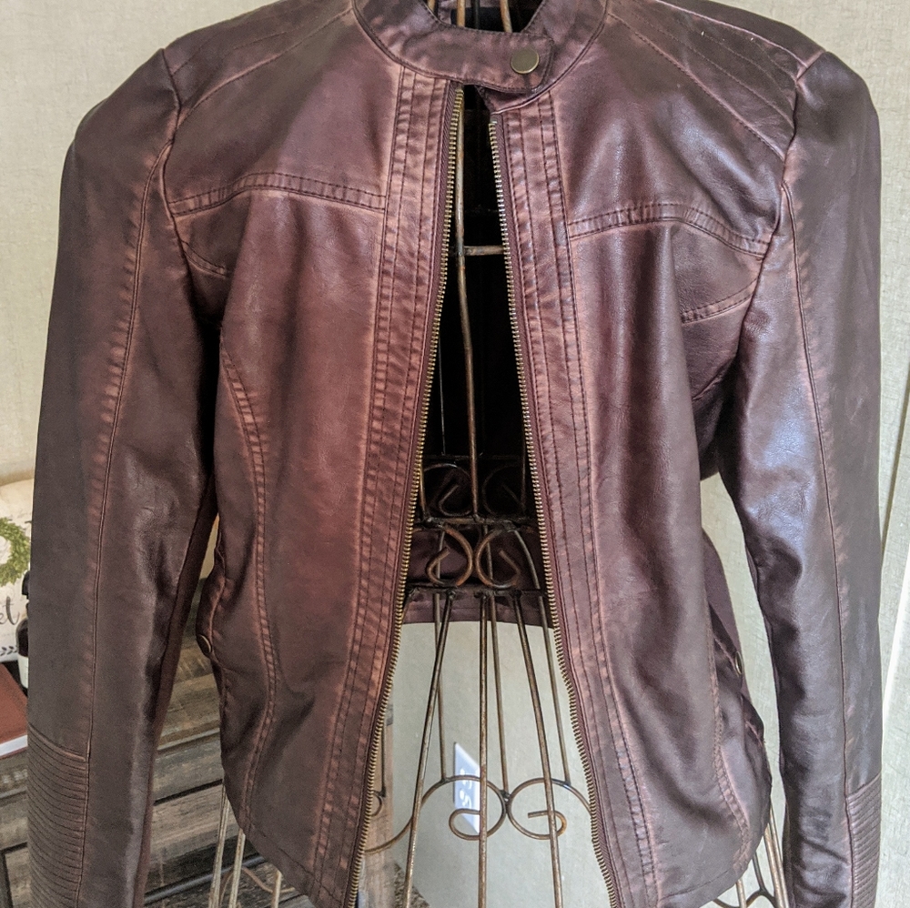 Faux brown leather moto jacket